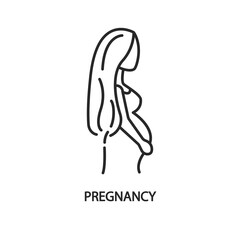 Silhouette of a pregnant woman line icon. She has long hair. Girl awaiting the birth of a baby.