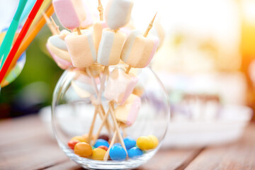 Fototapeta na wymiar marshmallows on a stick and jelly in a round glass vase on a table with beautiful light 