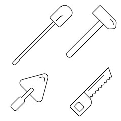 Vector graphics, black icons, shovel, hacksaw, construction spatula, hammer on white background. Flat design. EPS 10.