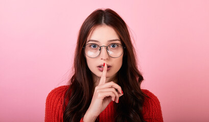 Fototapeta premium Portrait of a stylish long-haired brunette lady in a red sweater and glasses on a pink background.