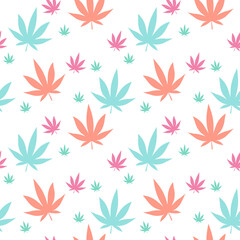 Seamless pattern of greenish cannabis marijuana leafs on black background. Repetitive tile vector background design. 