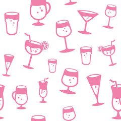 Seamless pattern of various drinks. Flat red colored drinks, repetitive design.