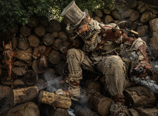 Futuristic character cyborg stalker. Art Photography in steampunk style.