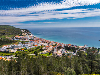 Beautiful view of Sesimbra City from Medieval Castle. Ancient Moorish fortification in Portugal.  