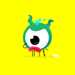 Illustration of a cute, lovely big-eyed monster character.  Mascot for the company. Abstract creature. Character is isolated on a yellow background. Children's cartoon image, drawing of a monster.