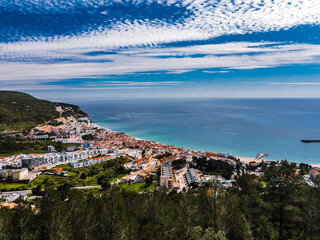 Naklejka na ściany i meble Beautiful view of Sesimbra City from Medieval Castle. Ancient Moorish fortification in Portugal. 