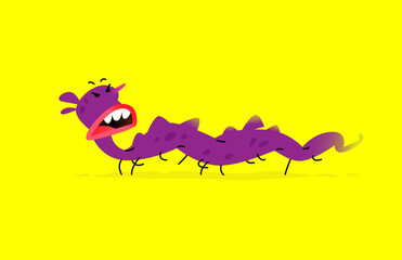 Illustration of a cute, lovely monster character. Mascot for the company. Abstract creature. Character is isolated on a yellow background. Children's cartoon image, little worm and caterpillar.
