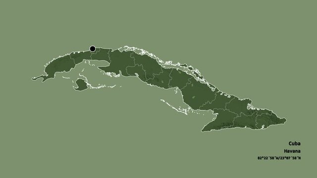 Granma, province of Cuba, with its capital, localized, outlined and zoomed with informative overlays on a administrative map in the Stereographic projection. Animation 3D