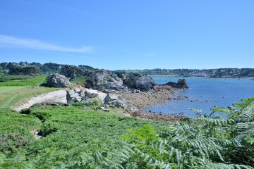 Beautiful view on the rocky coast of the Primel tip at Plougasnou in Brittany. France