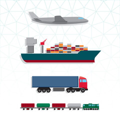 Means of Transportation Colored Style Vehicle Ship Plane and Train Side View Logistics Icons Set - Multicolor Signs on White Background - Flat Graphic Design