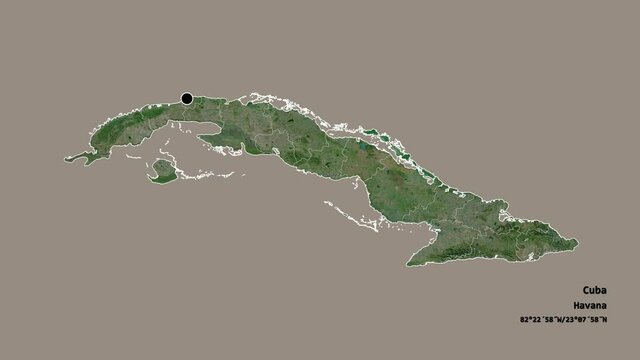 Granma, province of Cuba, with its capital, localized, outlined and zoomed with informative overlays on a satellite map in the Stereographic projection. Animation 3D