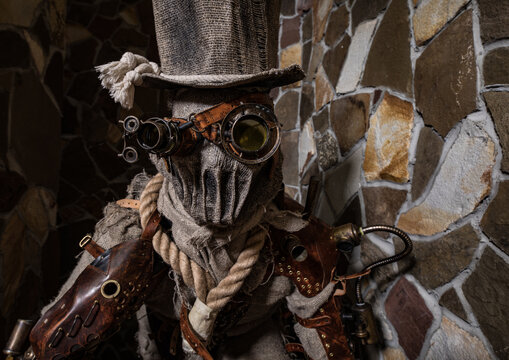 Futuristic character cyborg stalker. Art Photography in steampunk style.