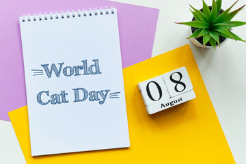 8st august - World Cat Day. Eighth day month calendar concept on wooden blocks