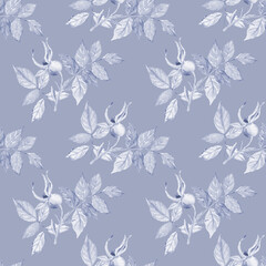 Seamless pattern with wild rose buds and leaves, toned into grey-indigo color. Elegant, soft and modern design. great for fabric and wallpapers. Watercolor hand drawn illustration. 