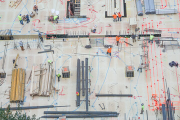 New York, New York: Aerial view of men and materials during construction of a new high-rise apartment building in midtown Manhattan, New York City.