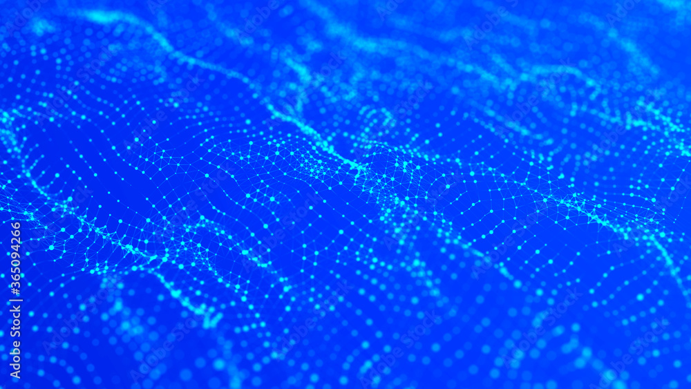 Poster wave of particles. wave 3d. abstract blue geometric background. big data visualization. data technol