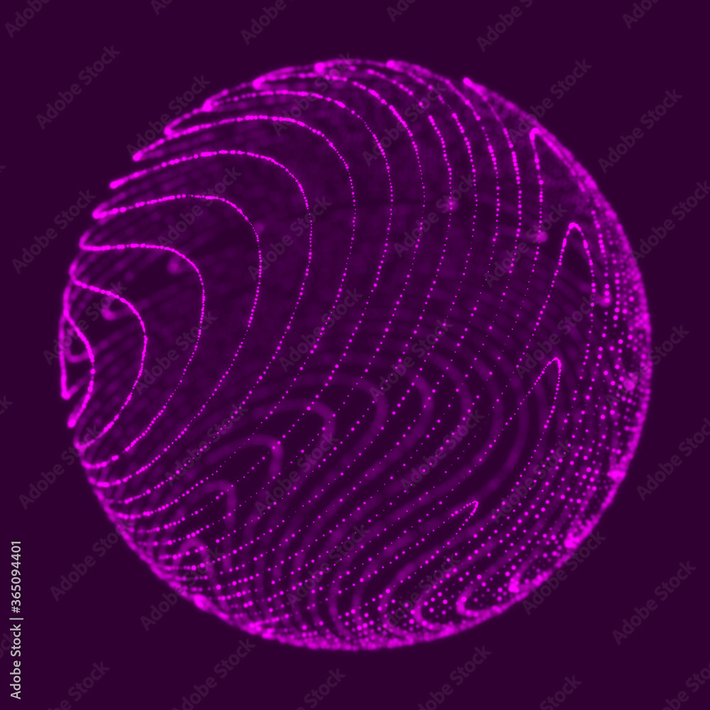 Poster abstract purple 3d sphere made of points. futuristic technology style. sphere particles. plexus effe