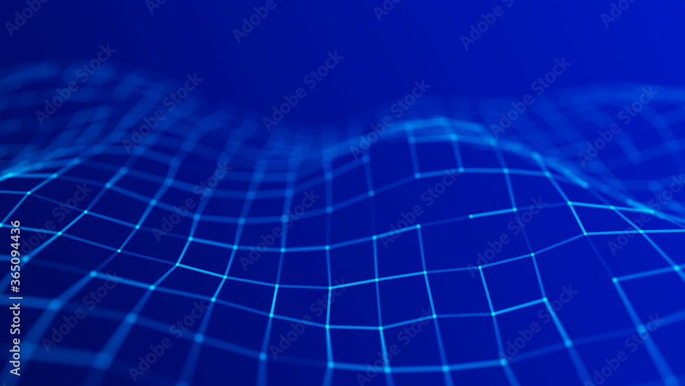 Poster wave of particles. wave 3d. abstract blue geometric background. big data visualization. data technol