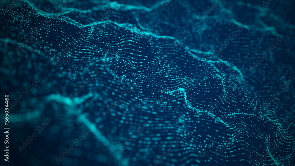 Poster wave of particles. wave 3d. abstract blue geometric background. big data visualization. data technol