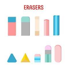 Set of erasers of different color and shape. Flat vector illustration on white background.