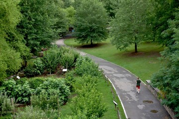 City park with landscaping and man jogging on trail