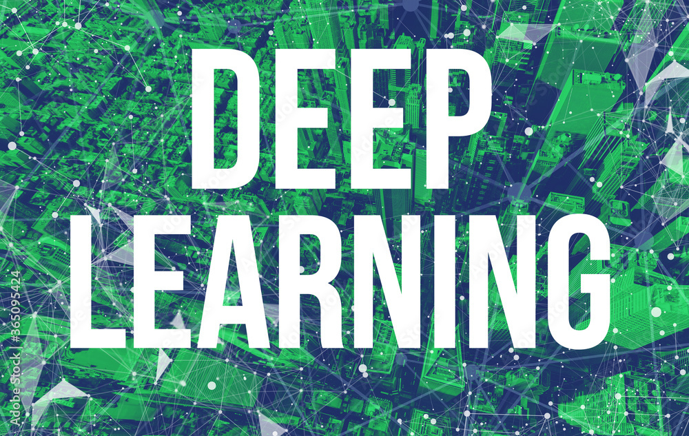 Poster deep learning theme with abstract network patterns and manhattan ny skyscrapers