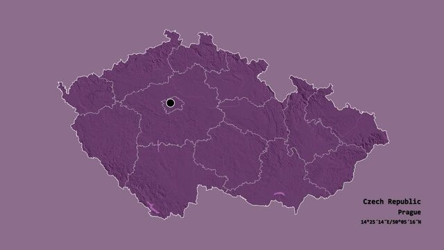Pardubick&yacute;, region of Czech Republic, with its capital, localized, outlined and zoomed with informative overlays on a administrative map in the Stereographic projection. Animation 3D