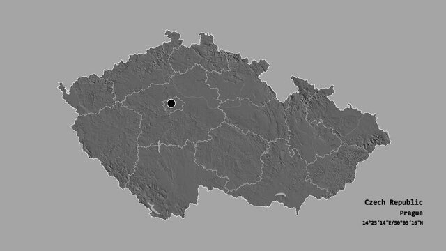 Pardubick&yacute;, region of Czech Republic, with its capital, localized, outlined and zoomed with informative overlays on a bilevel map in the Stereographic projection. Animation 3D