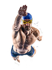 one caucasian man sport swimmer swimming silhouette isolated on white background - 365095664