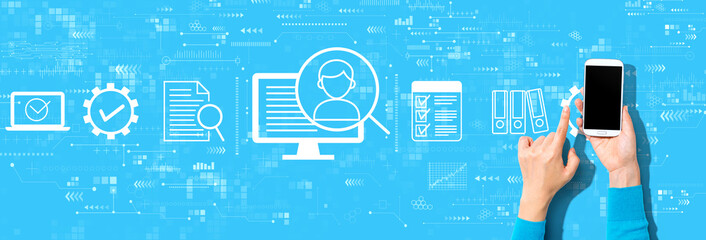 Document management system concept with person using a smartphone on a blue background