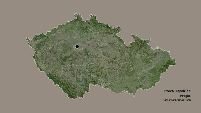 Pardubick&yacute;, region of Czech Republic, with its capital, localized, outlined and zoomed with informative overlays on a satellite map in the Stereographic projection. Animation 3D