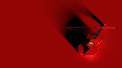 Red classic violin on red plate under spot lighting background. 3D sketch design and illustration. 3D high quality rendering.