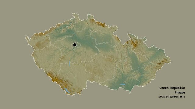 &Uacute;steck&yacute;, region of Czech Republic, with its capital, localized, outlined and zoomed with informative overlays on a relief map in the Stereographic projection. Animation 3D