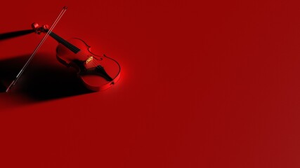 Red classic violin on red plate under spot lighting background. 3D sketch design and illustration. 3D high quality rendering.