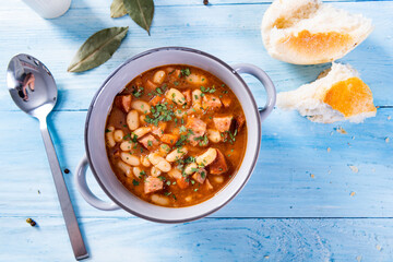 Baked beans in tomato sauce with chopped sausage