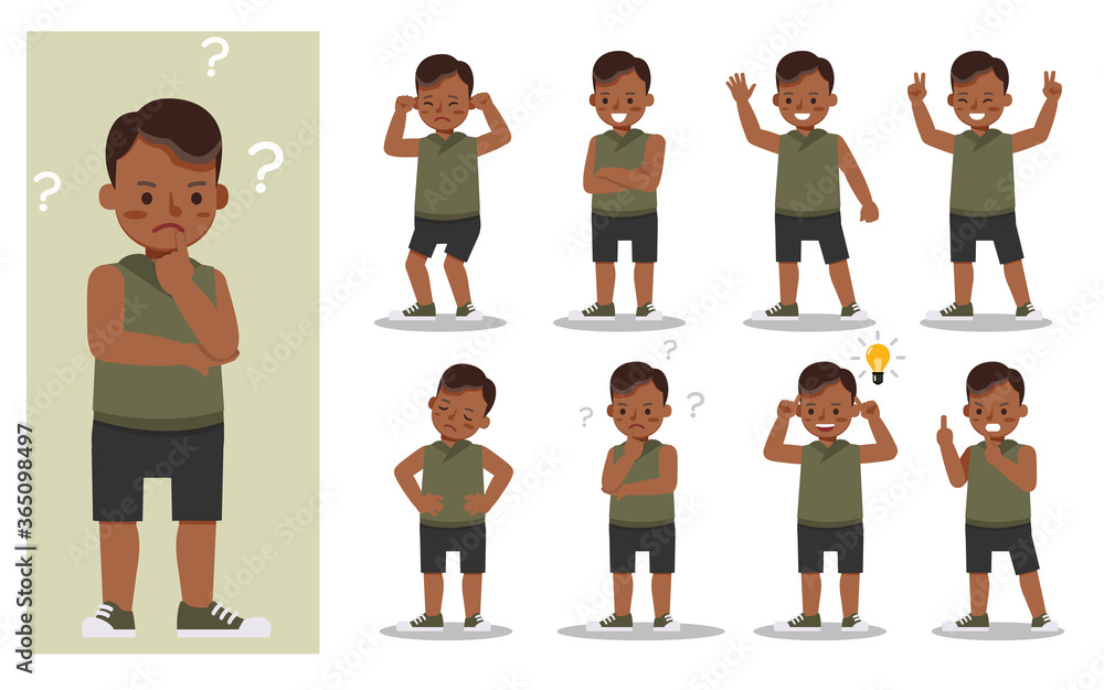Poster set of children character vector design. presentation in various action with emotions and expression