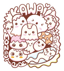 Kawaii monster doodle art background