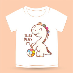 Cute little dino with soccer ball cartoon for t shirt