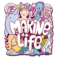 Cute marine life typography and sea animals doodle background