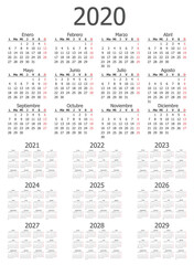 Calendar dates by month from 2020 through to 2029 for use as design elements, vector illustration