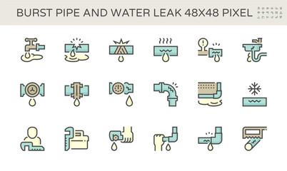 Burst pipe and water leak vector icon set design, 48X48 pixel perfect and editable stroke.