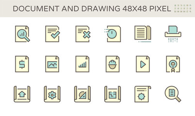 Document and drawing vector icon set design, 48X48 pixel perfect and editable stroke.