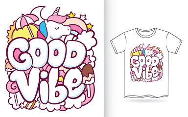 Hand drawn unicorn with typography doodle art for t shirt