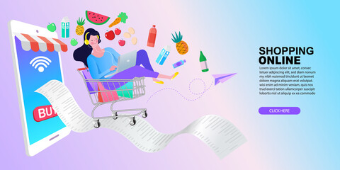 A girl sitting on a shopping cart. Discounts and sales. Trend vector flat illustration.