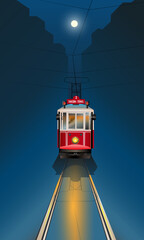 Traditional Taksim-Tunel tram, one of the symbols of Istanbul. Vektor drawing. Blue background.