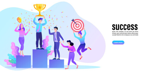 Business teamwork winner concept. People holding the golden trophy to celebrate the team's victory. Success and achievement concept. Vector graphics.