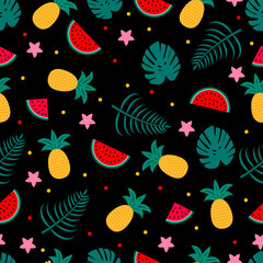 Summer seamless pattern with watermelons, pineapples and palm leaves on black. Seasonal vector background. Easy to edit template with for poster, card, banner, flyer, sticker, fabric, clothes