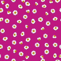 Seamless Floral Pattern Design daisy flowers with dark pink background. Great for Fabric, Textile, backgrounds, wallpaper, surface pattern, scrapbook, bullet journal. 