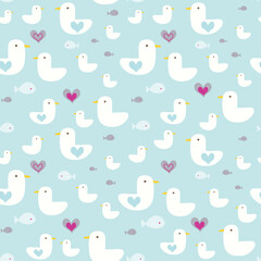 Cute family white ducks seamless pattern with hearts and fishes on blue background. Perfect for fabric, textile, kids fashion scrapbooking. Surface pattern design.
