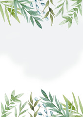 Floral greenery card design: branch green leaves circle frame. Wedding invite poster invitation Watercolor hand drawn art illustration